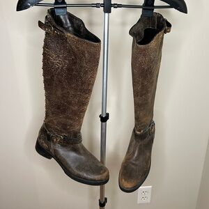 EUC Tory Burch brown distressed studded riding boots, women’s size 10
